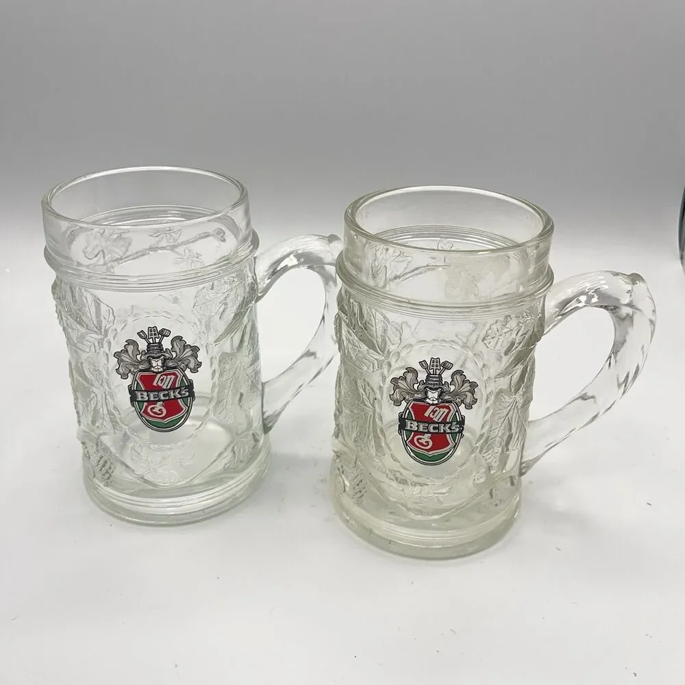 Becks Beer Heavy Thick Glass Mug Stein Grape Leaf Design Germany Set Of 2